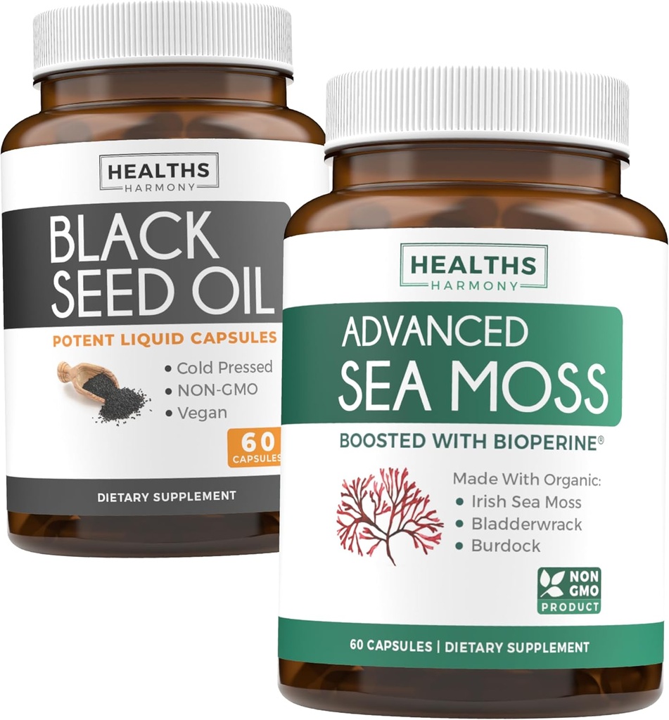 Black Seed Oil & Irish Sea Moss (1-kuuline tarne) - Wellness Duo Bundle of Black Seed Oil (60 kapslit) Külmpressitud Nigella Sativa & Irish Sea Moss (60 kapslit) bioperiini ja põiepõie