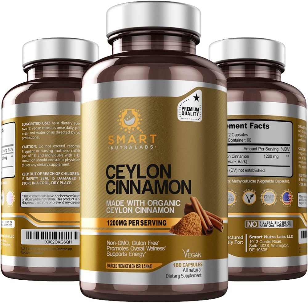 Smart Nutra Labs Orgaaniline Ceylon Cinnamon Supplement 1200mg per Serving, 180 Vegan Kapslid, 100% puhas, True Ceylon Cinnamon