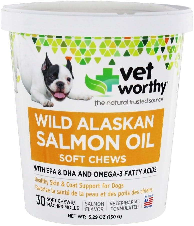 Vet Vorthy Salmon Oil Naha ja kate pehmed närid koertele - Koer täiendus, et toetada tervislikku nahka ja ilusat mantlit - kalaõli täiendus Omega 3 rasvhapetega - Lõhe maitse - 30 pehmed närid