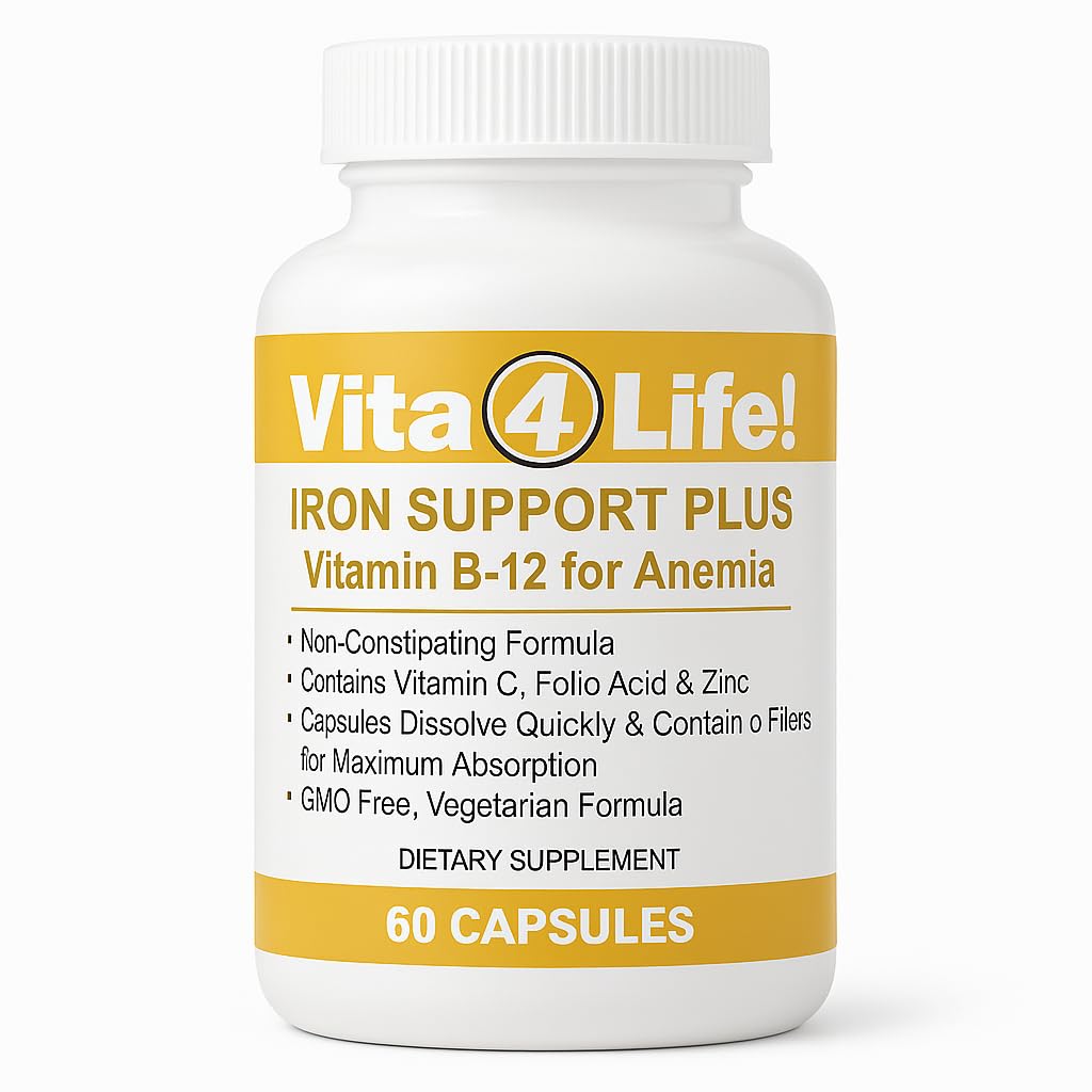 Vita4Life!® Rauatugi Plus - 40 mg rauda C-vitamiini, B-12, foolhappe ja tsink - 60 kapslit - mittekonstipeeruv valem punaste vereliblede toetuseks ja energia - taimetoitlane ja GMO-vaba