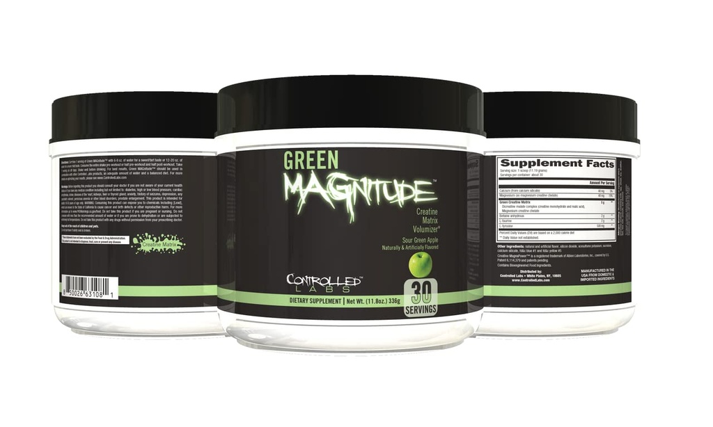 KONTROLLITUD LABS Green Magnitude Supplement, Synergistic Kreatiin Formula Pulber, Edendab tugevust, vastupidavust ja jõudlust (Sour Green Apple, 30 Servings)