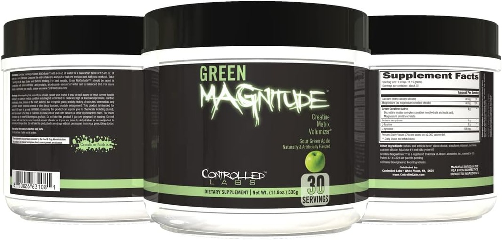 KONTROLLITUD LABS Green Magnitude Supplement, Synergistic Kreatiin Formula Pulber, Edendab tugevust, vastupidavust ja jõudlust (Sour Green Apple, 30 Servings)