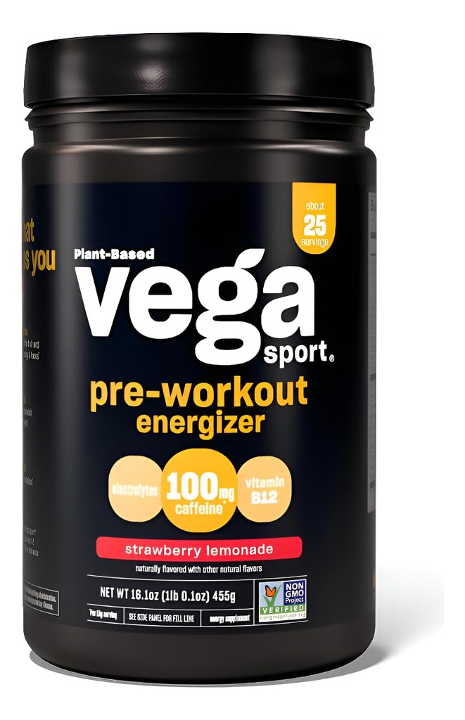 Vega Sport Pre-Workout Energizer, Maasika Lemonade - Pre Workout Pulber naistele ja meestele, toetab energia ja fookus, elektrolüüdid, Vegan, Keto, Gluteenivaba, Non GMO, 1,1 naela