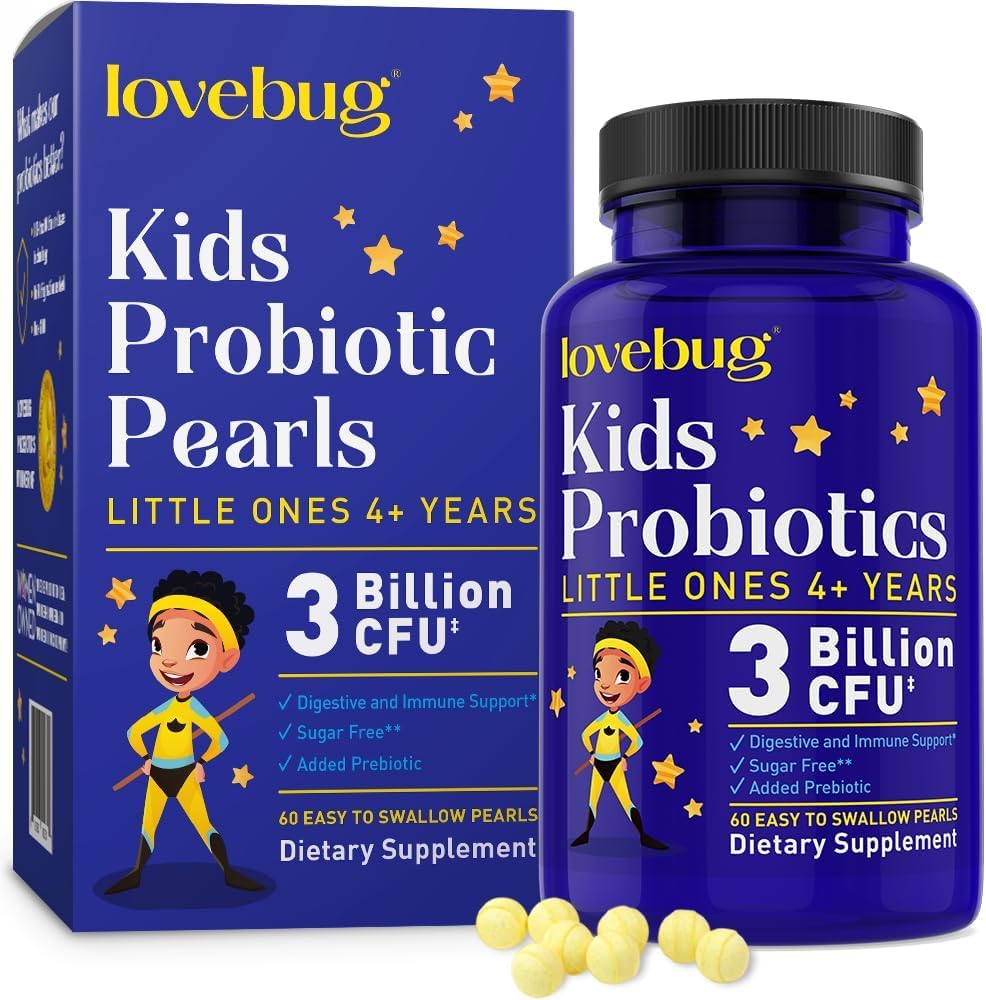 LOVEBUG probiootikumid lastele - lastele probiootilised närimistabletid prebiootikumidega vanuses 4+, igapäevane laste soolestiku tervis, kõhukinnisus, seedetrakti ja immuunsuse tugilisa, suhkruvaba, 60 pehmet pärlit