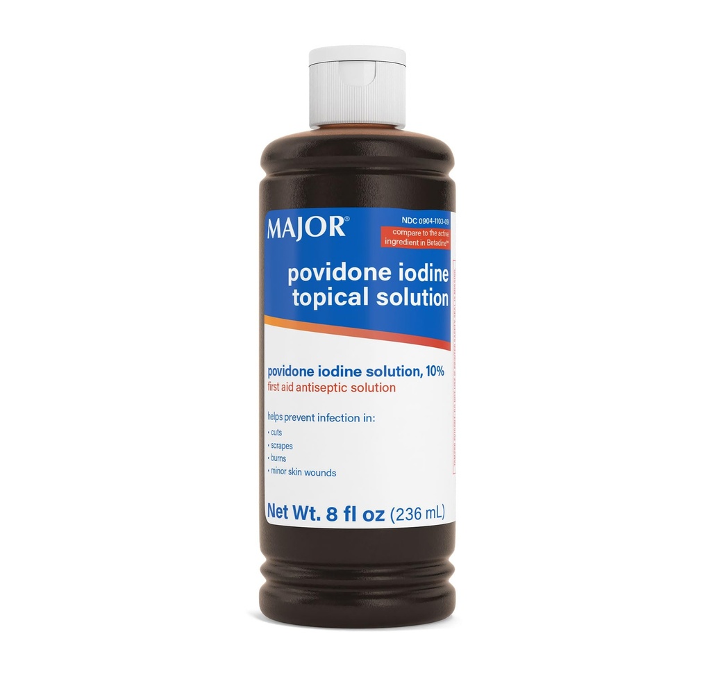 Major 10% Povidone-jood Vedel aktuaalne lahendus, USP - aktuaalne antiseptikum kärbete, pragude, põletuste ja väiksemate nahahaavade jaoks - 8 Fl. Oz.