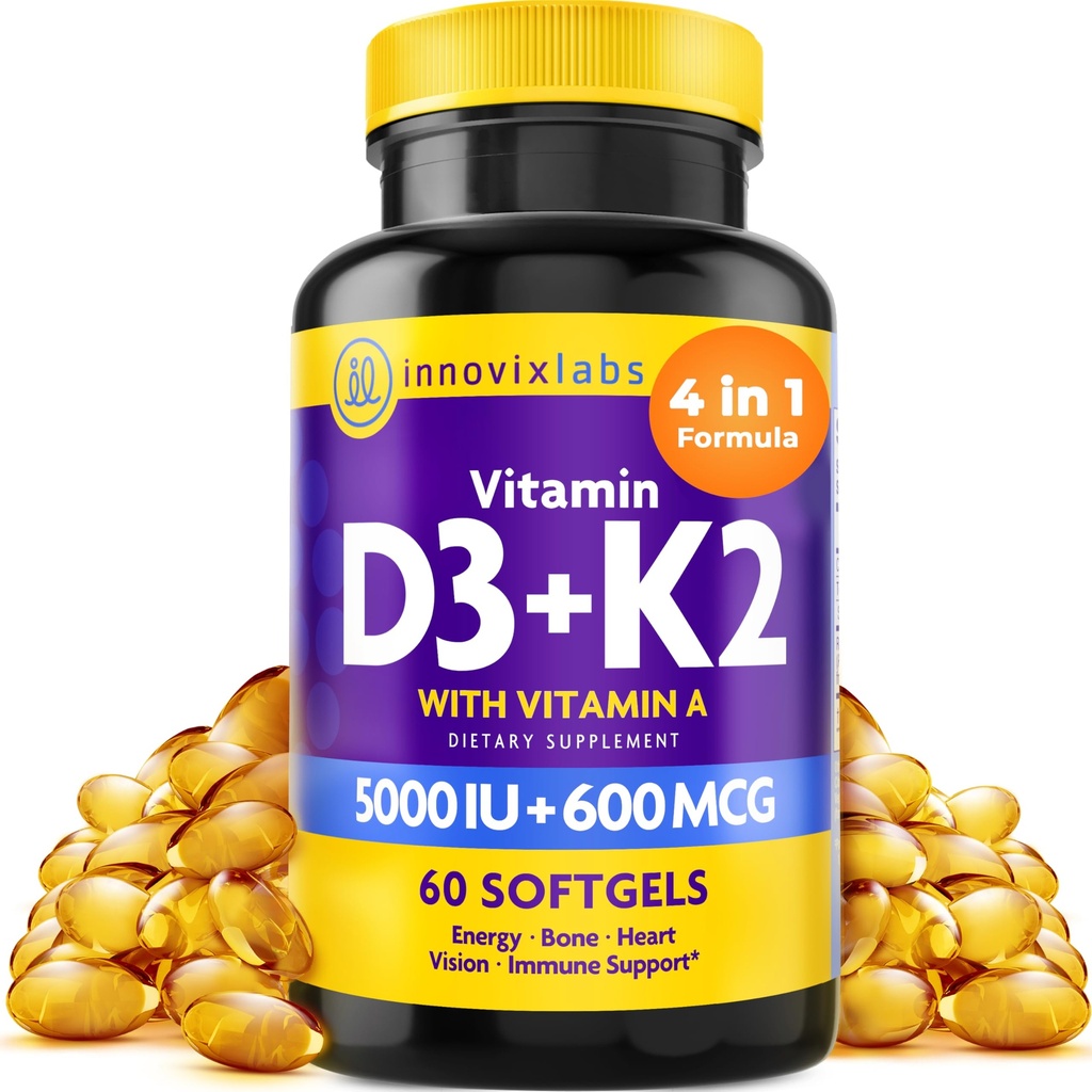 InnovixLabs Vitamiin D3 K2-5000 RÜ Vitamiin D3 Plus 600 mcg Vitamiin K2 MK4 ja MK7 Max Kaltsiumi imendumist, toetab luu, immuunsüsteemi, südame tervist, 3. partei testitud, gluteenivaba, 60 Softgels