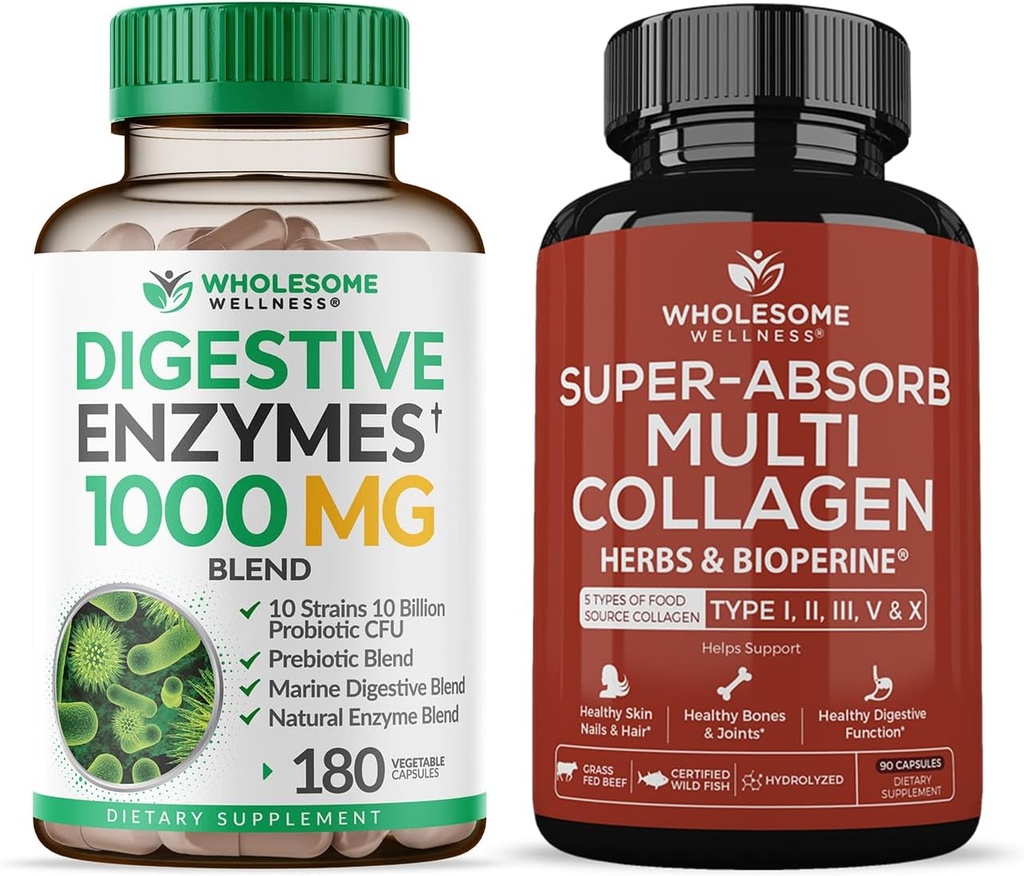 Terve heaolu seedetrakti ensüümid 1000MG Plus Prebiootikumid ja probiootikumid Täiendus + Super-Absorb Multi kollageeni pillid (tüüp I II III V X) Orgaanilised maitsetaimed ja bioperiini komplekt