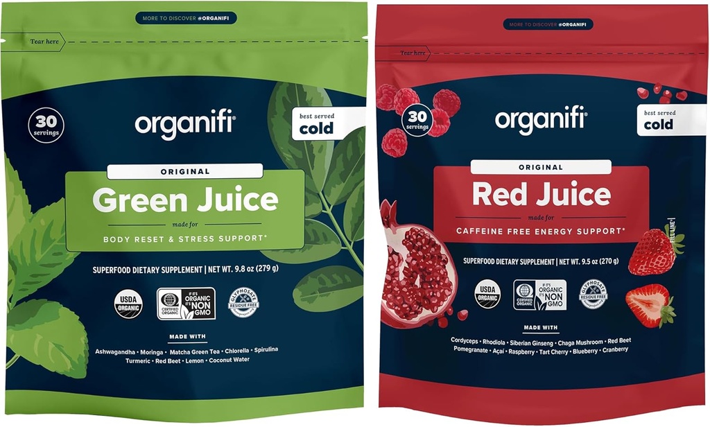 Organifi roheline mahl ja punane mahl Bundle - 30 päeva pakkumine - maitsev, värskendav orgaaniline supertoidulisandi pulber koos antioksüdantidega energia ja stressi leevendamiseks - GMO, gluteeni või soja