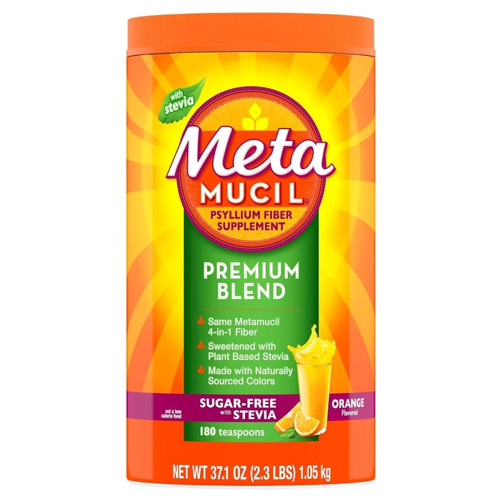 Metamucil Premium Blend, 4-in-1 kiudaine lisand seedetrakti tervisele, Psyllium Husk Fiber Pulber, suhkruvaba koos steviaga, taimepõhine kiudainelisand, oranž maitsestatud, 180 teelusikatäit