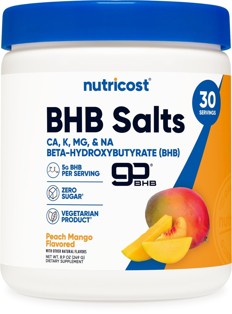 Nutricost BHB soolad Joogisegu (30 serveerimist, virsikumango maitsestatud) (5G BHB ühe serveerimise kohta) - 0G Kogusuhkrud, taimetoitlus