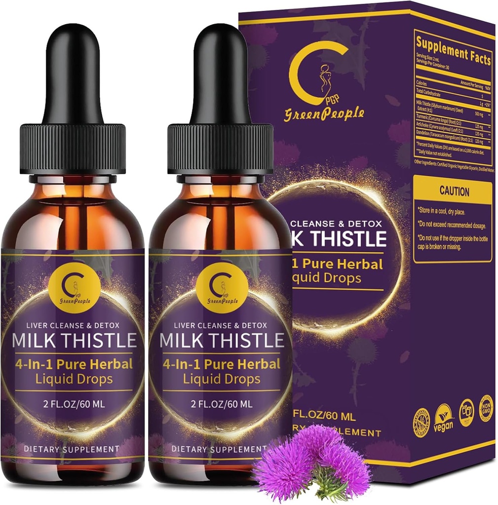 (2 Pack) Piimaohakas Vedelad tilgad Maksa puhastamiseks Detox & Remont, piimaohaka lisand Dandelioni juurega, artišokk ja kurkum maksa toetamiseks ja immuunsüsteemi terviseks, Vegan, Non-GMO, 4 FL OZ