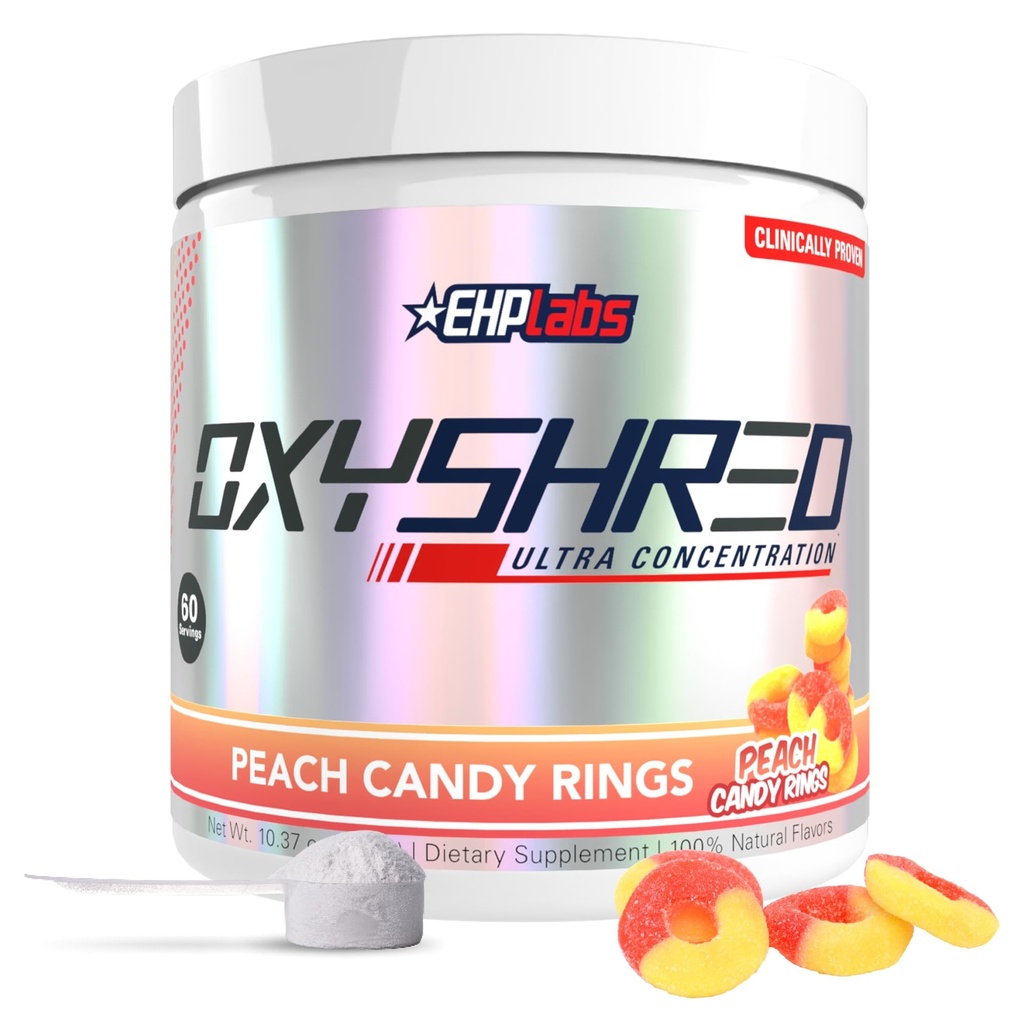 EHP Labs OxyShred Pre Workout Pulber - Preworkout Pulber L glutamiini ja atsetüül L-karnitiiniga, energia suurendamise jook - virsikukompvekid, 60 serveerimist