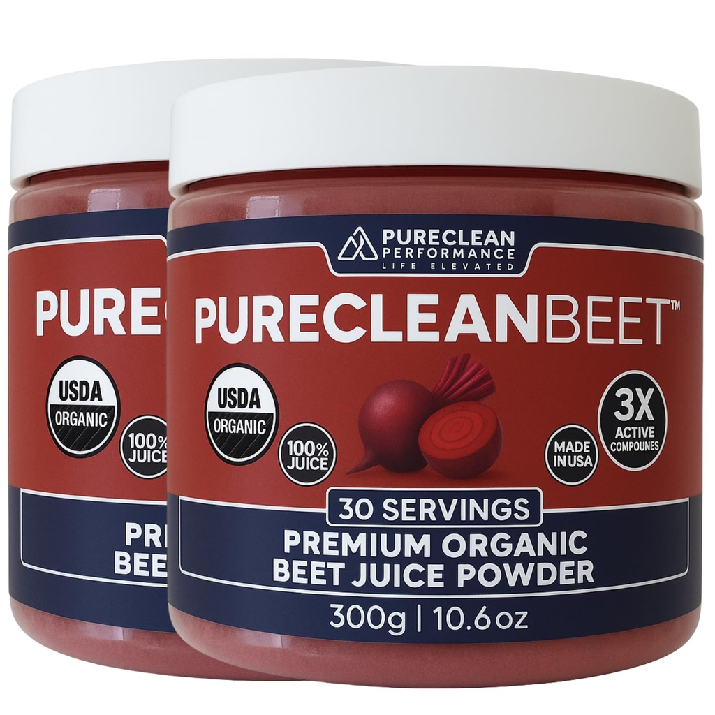 PureClean Organic Beet Juice Powder - Lämmastikoksiidi Supplement - 100% USA Kasvatatud Peed - Mahepeedi Root Powder 30 Servings, 300g (2 Jars 60 Servings)