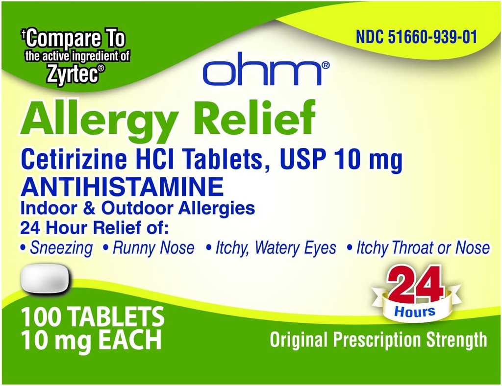 Ohm Cetirizine 10 mg tablett - Allergia leevendamine kogu päeva - 100 loend - anti-histamiinik heinapalaviku, õietolmu, kuivad sügelevad silmad - efektiivne leevendus kõigi päeva allergiatest