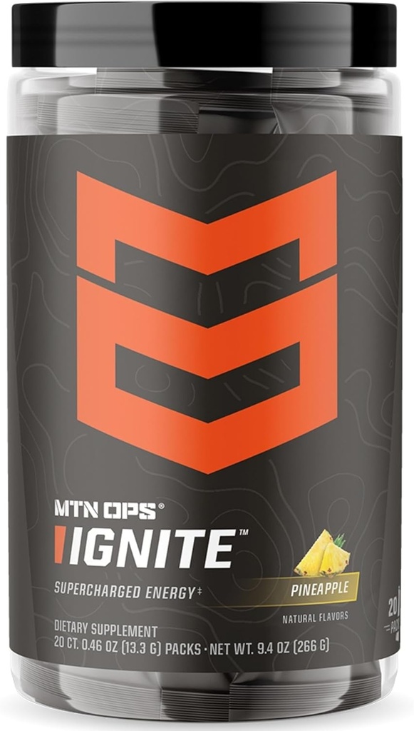 MTN OPS Ignite Trail Packs Energiajoogipulber, Gluteenivaba Nootroopiline Toidulisandi Joogisegu, L Arginiin, L Tsitrulliin, Kofeiin ja Nootroopne Suhkruvaba Joogi Segu, 20 Servingut, Ananassi Purustamine