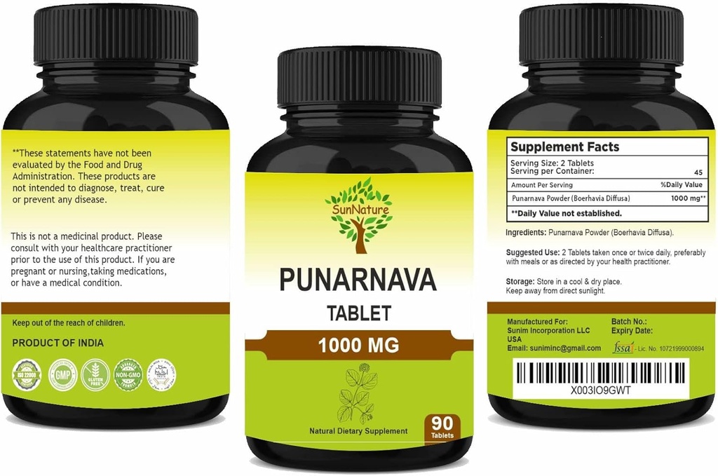 Punarnava tabletid 90 tabletti , 1000 mg | 45 päeva tarne | Taimsed tabletid | Taimsed toidulisandid | Vegan | Boerhaavia diffusa | Indiast