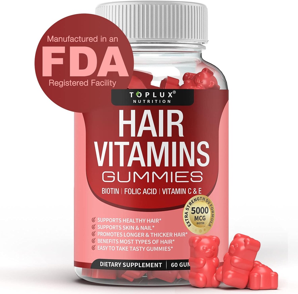 Juuksevitamiini kummid Täiendus naistele ja meestele - Juuksekasvu Vitamiinid 5000mcg Biotin Gummies, foolhape, Vitamiin C & E, Toeta tugevamad ja paksemad juuksed, nahk, küüned, Non-GMO Vegam jaoks, 60 Count
