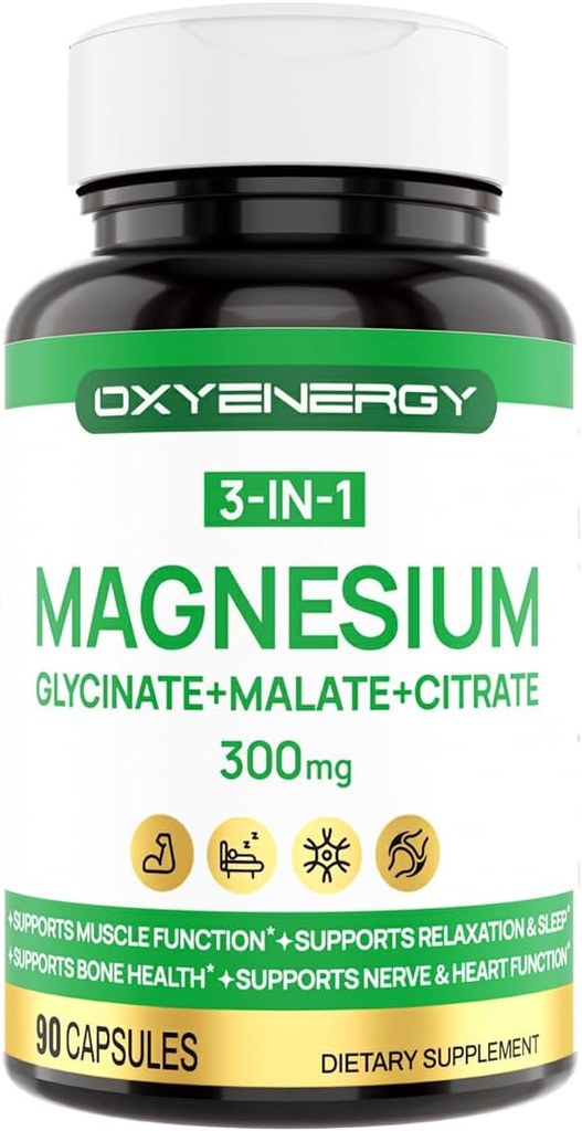 OXYENERGY 3 in 1 Magneesiumi komplekslisand, kolmekordne magneesiumkapslid 300mg glütsinaatmalaattsitraadiga, kelaat, vegan, kõrge imendumine ja biosaadavus, 90 kapslit