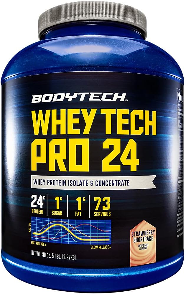 BODYTECH Whey Tech Pro 24 Protein Powder - Protein Enzyme segu BCAA-dega lihaste kasvu ja taastumise kütuseks, ideaalne treeningujärgseks lihaste ehitamiseks - Maasika lühike kook (5 naela)