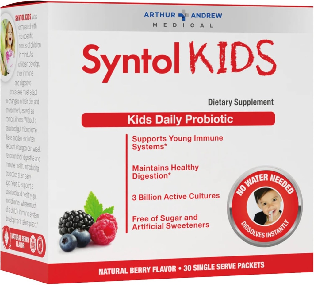 Arthur Andrew Medical, Syntol Kids, igapäevane probiootiline toidulisand seedetrakti ja noorte immuunsüsteemide jaoks, suhkru või kunstlike magusainete puudumine, Berry maitse, Vegan, 30 kotikest