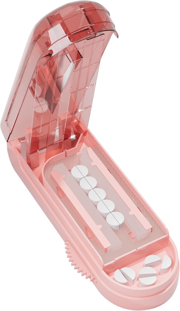 Pill Cutter Splitter väikestele ja väikestele pillidele, pillide hajutamine täpselt lõikab mitu pilli korraga suurtele ja väikestele ravimitele, Terav teras koos turvatöötajaga (Pink)