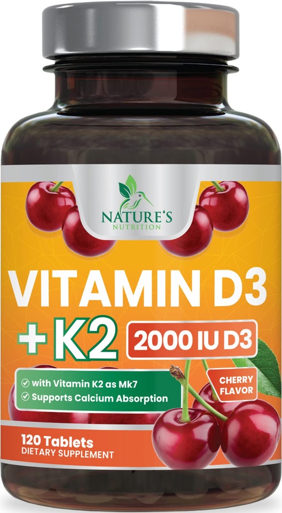 Vitamiin D3 K2 2000 RÜ Plus koos K2-ga (MK-7) 75 mcg - vitamiinid D & K komplekslisa luudele, hammastele, lihastele, kaltsiumi imendumisele, toetab immuunsüsteemi ja südame tervist, mitte-GMO näritav valem - 120 tabletti