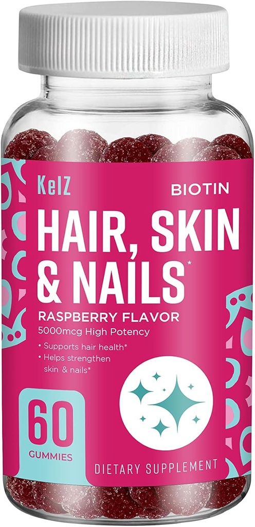 KelZ Biotin Hair, Skin & Nails Supplement Gummies, Vaarika Maitse, 60 Count (Pack of 1)