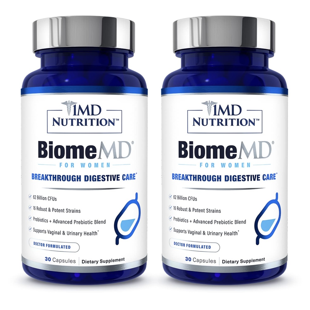 1MD Toitumine BiomeMD Probiootikumid Naistele - 62 miljardit CFU-d, 16 tüve prebiootikumidega | Toetab vaginaalset ja kuseteede tervist - Doctor-Formulated | 30 kapslit (2-Pack)
