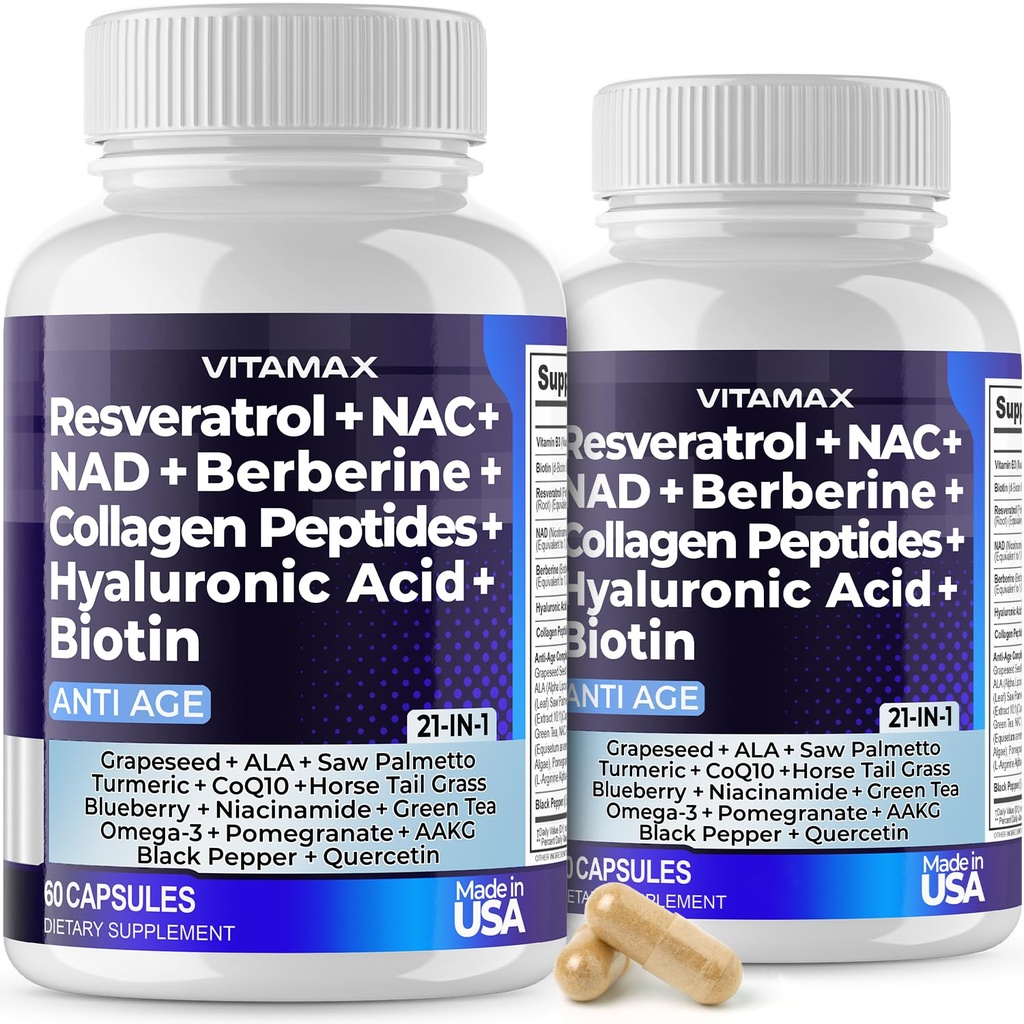 Vitamax Resveratrool NAD+ Berberiin Hüaluroonhape - Biotiin Viinamarjad & mustikad + NAC - kollageenpeptiidid - Juuksed, küüned, nahk ja liigeselisandid - 21-in-1 Naised ja mehed - valmistatud USAs - 120 Count