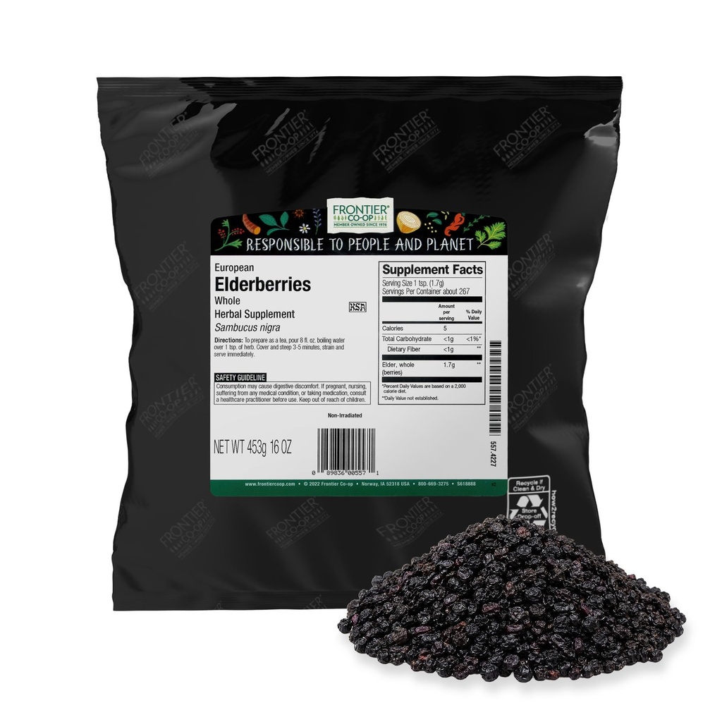 Frontier Co-op Kuivatatud Elderberries, 2lb Bulk Bag, Terved Marjad - Kosher ja mitte-GMO kuivatatud puuviljad Elderberry Powder, tee ja siirup
