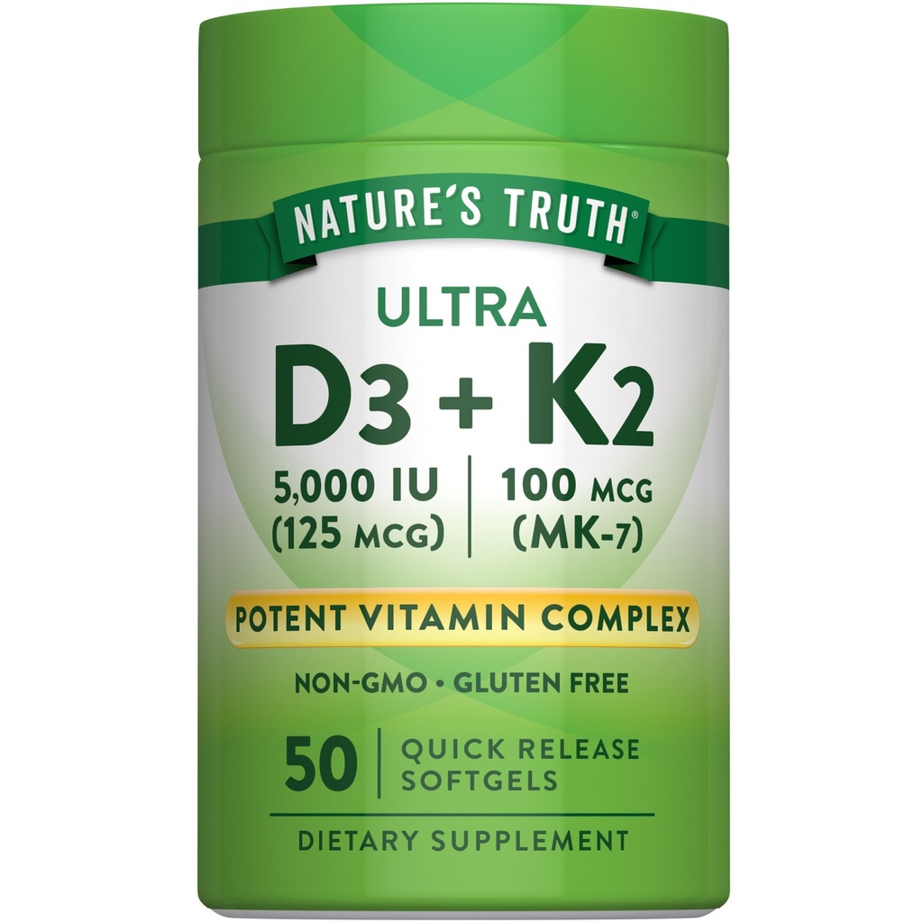 Looduse Tõde Vitamiin K2 MK7 Kompleks | 100 mcg | 50 Softgels | D3 | Mitte-GMO & Gluteenivaba Lisand