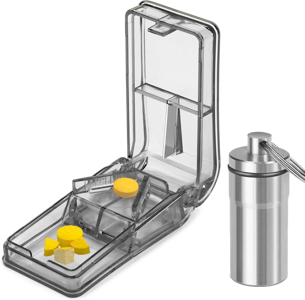 JohnBee Pill Cutter | Parim pillide lõikaja väikestele või suurtele pillidele | disainitud USAs | Lõikab vitamiine | Pill Splitter with Shield | Sisaldab Keychain Pill Holder (Gray)