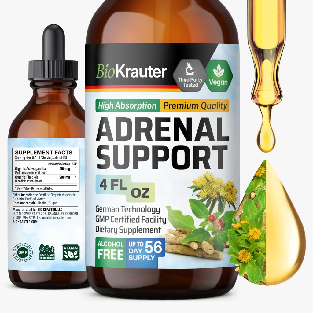 BIO KRAUTER Adrenal Support Tinktuur - Rhodiola & Ashwagandha Supplements - Vegan Mood Support Drops 4 Fl.Oz.
