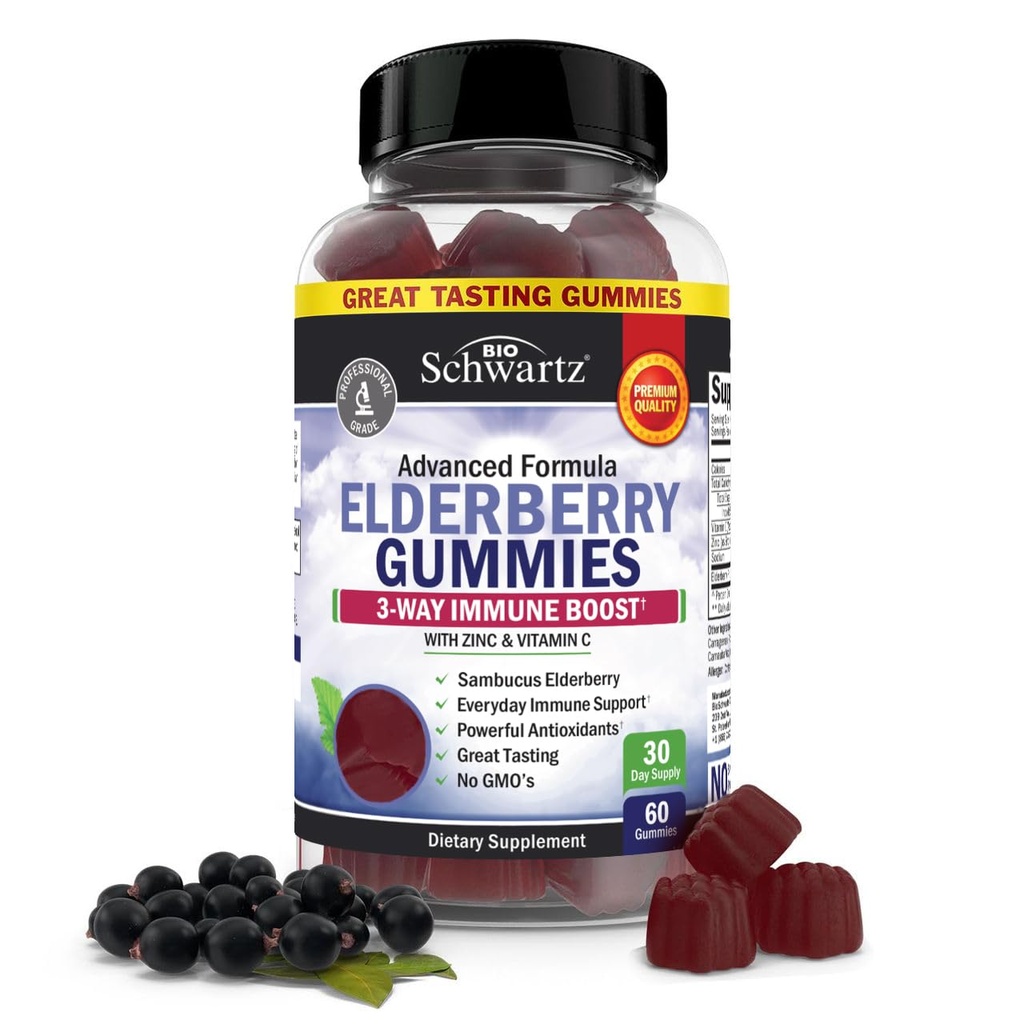 BioSchwartz Elderberry Gummies koos tsink ja vitamiin C - Natural Immune Support täiskasvanutele ja lastele - Black Sambucus Elderberries - Kolmanda osapoole testitud, mitte-GMO, Vegan Multimineral Supplement, 60 Count