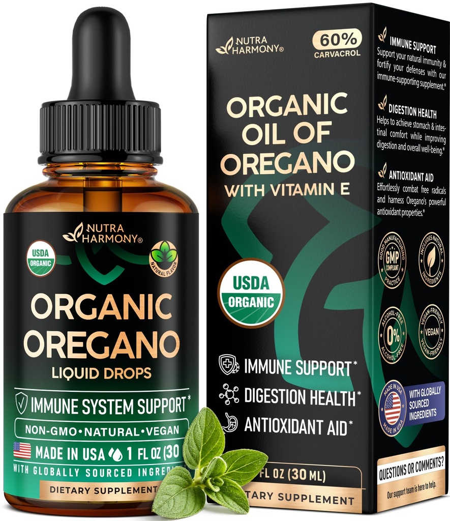 USDA Oregano orgaaniline õli - vedelad tilgad E-vitamiiniga - valmistatud USA-s - immuunsuse toetamise, seedimise tervise ja antioksüdandi lisand - mitte-GMO, looduslik, vegan - pillidena, kapslites, pehmetes kapslites 1 fl oz