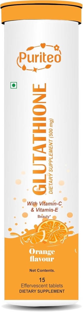 Glutatioon 15 kihisevad tabletid vitamiin C & E, selge naha ja hüdratatsiooni, ilma lisatud suhkruta, oranž maitse - (15 tabletti, pakend 1)
