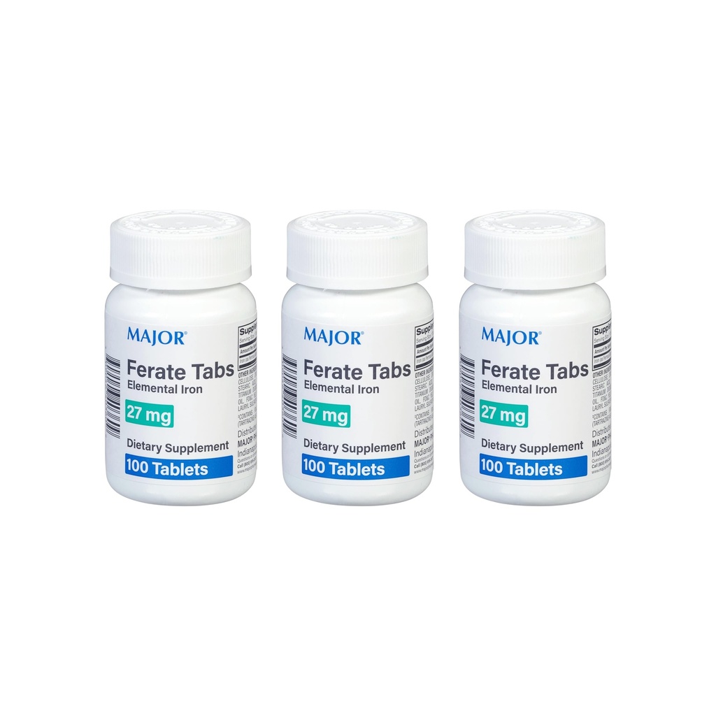 Major 27 mg Ferate Tabs - raudne glükonaat Elementaalne Raud Toidulisand - 100 Loe (3 Pack)