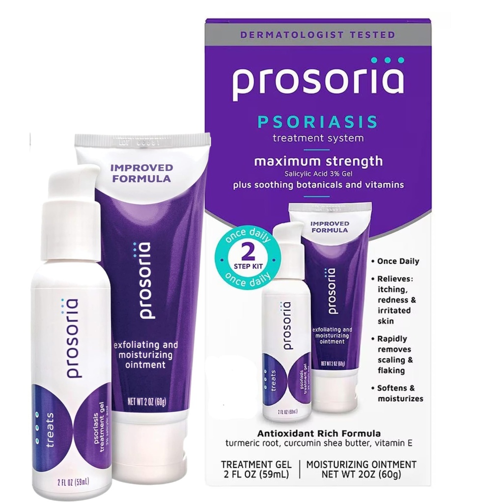 Prosoria ravisüsteem Single Kit – 2oz | Võimas psoriaasi leevendamine salitsüülhappe, kurkumi, sheavõi ja vitamiinidega | Gel & salv skaleerimiseks, helvestamiseks, kuivaks, sügeluseks ja punetuse leevendamiseks
