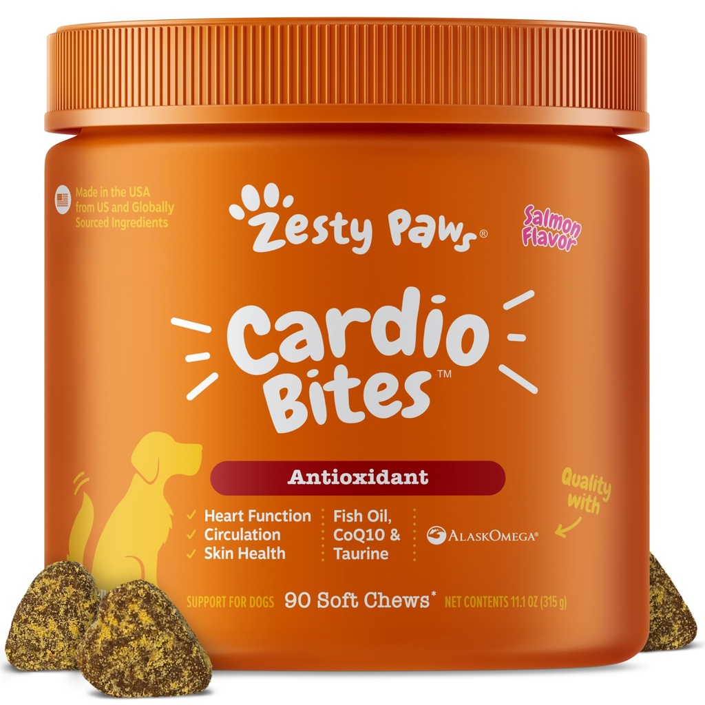 Zesty Käpad Kardiovaskulaarne tugi koertele - Tauriin koertele - CoQ10, L karnitiin & Sea Buckthorn - Senior Heart Health - AlaskOmega Fish Oil Omega 3 - Senior - Salmon - 90 krahv