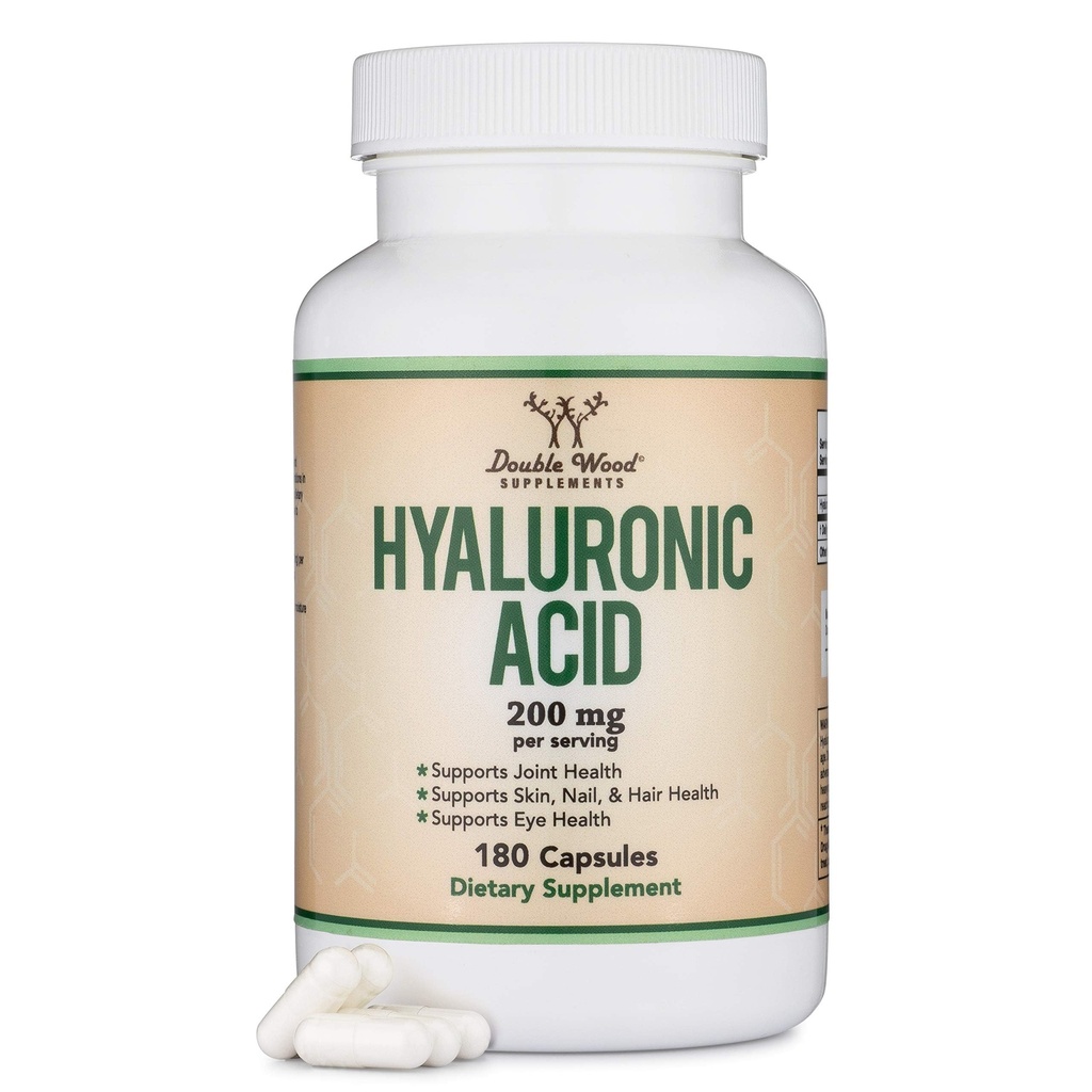 Hüaluroonhappe lisandid -180 kapslit (hüaluroonhappe seerumi mõju näole) 200 mg naha ja näo vananemise toetamiseks (Acido Hialuronico) Gluteenivaba kahekordse puiduga