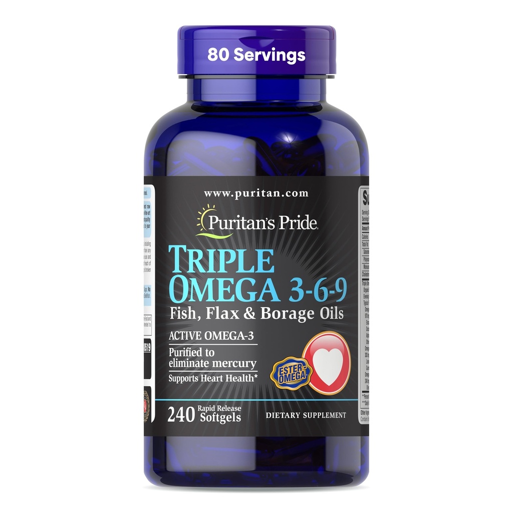 Puritan's Pride Premium Triple Active Omega 3-6-9 Kala-, Lina- ja Kurgiõlid, toidulisand südame-, liigese- ja rakutervise toetamiseks, 240 kiirvabastuspehmelit