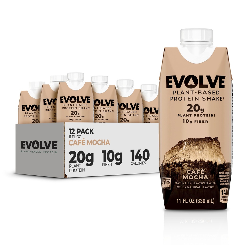 Evolve Plant Based Protein Shake, Café Mocha, 20g Vegan Protein, Piimavaba, No Artificial Sweeteners, Non-GMO, 10g Fiber, 11oz, (12 Pack) (Formula May Vary)