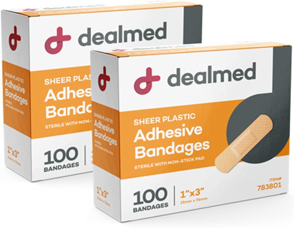 Hõlmatud Sheer Plastist paindlikud liimiribad - 100 loenda (2 pakendit) ribad mitte-kleepuva padjaga, Latex Free, Haavahooldus esmaabikomplektile, 1" x 3 "