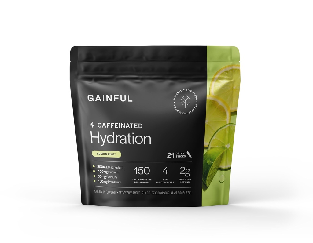 Gainful Hydration + kofeiinipaketid võtmeelektrolüütidega Magneesium & Naatrium + L Theanine, madala suhkrusisaldusega joogisegu, sidrunlubja, 21 pulka