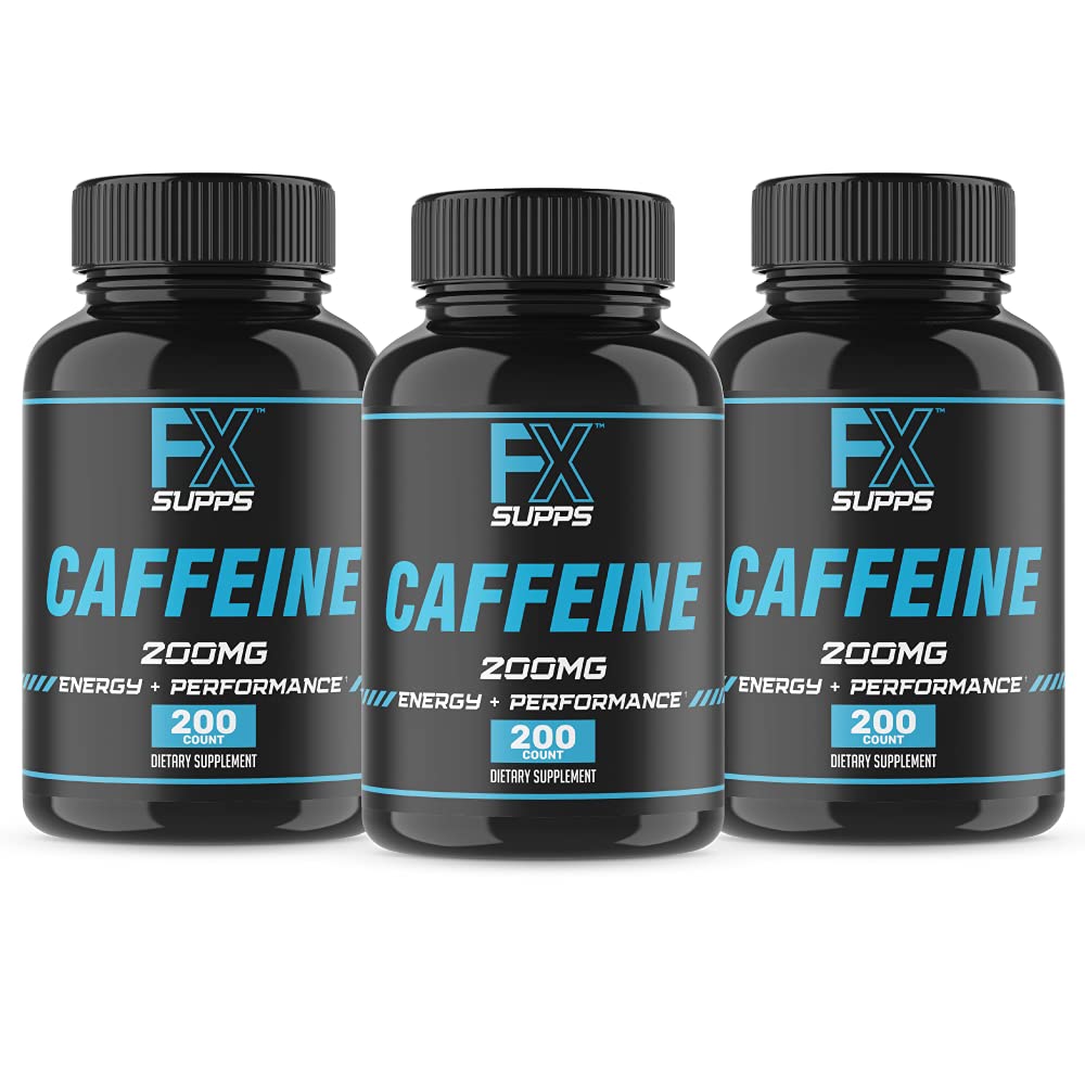 FXSUPPS Kofeiin 200mg pillid (3-Pack, 600 kapslit) – kiire toimega energiatoetus täiendada meestele ja naistele | toetab fookus, häire ja ainevahetuse funktsiooni loomulikult