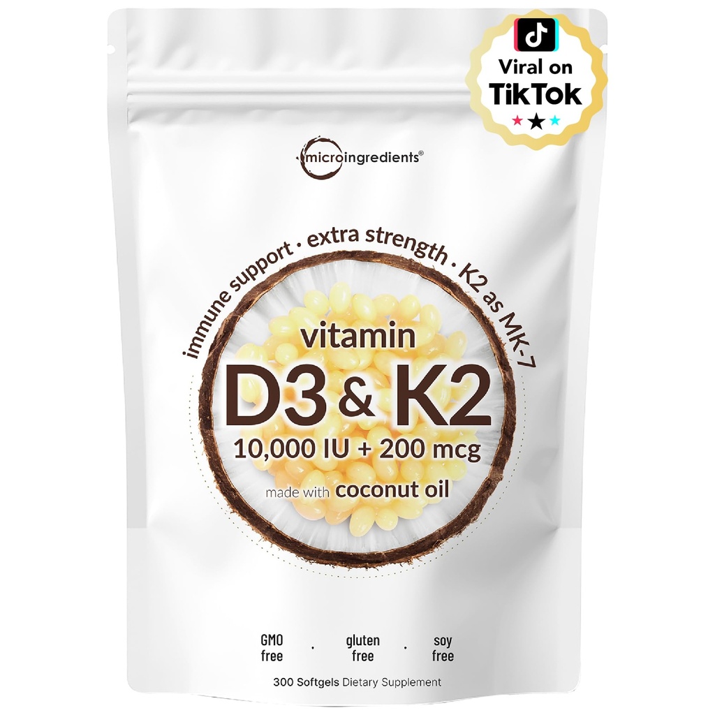 Mikrokoostisosad Vitamiin D3 10 000 IU + K2 MK-7 200 mcg, 300 Softgels Neitsi Kookosõli | 2-in-1 Vitamiinid D & K Kompleks | Täiendav tugevus, lihtne neelata, GMO, Gluteenivaba