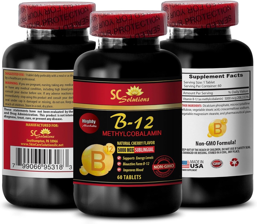 B12-vitamiin ja magneesiumilisandid - METÜÜLKOBALAMIIN VITAMIIN B-12 5000 - parimad vitamiinid üle 50-aastastele naistele pluss energia, parimad vitamiinid üle 40-aastastele meestele, energiavõimenduskapslid - 1 pudel 60 tabletti