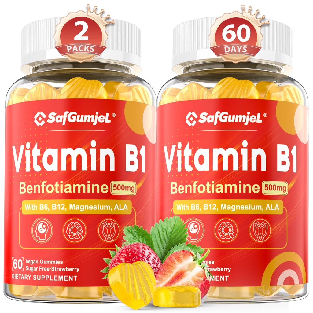 Vitamiin B1 Gummies | Benfotiamiin 500mg vitamiin B6 B9 B12 ja magneesium närvide tervise, energia ja ainevahetuse toetamiseks | Suhkruvaba, GMO-vaba, vegan, 120 loeb