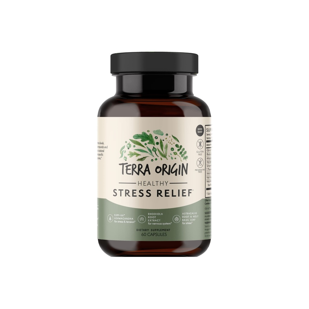 TERRA ORIGIN tervisliku stressi lisand | 60 kapslit | KSM-66 orgaaniline ashwagandha, L-Theanine, Rhodiola ekstrakt, Astragaluse juur ja püha basiilik | Stress ja meeleolu toetus