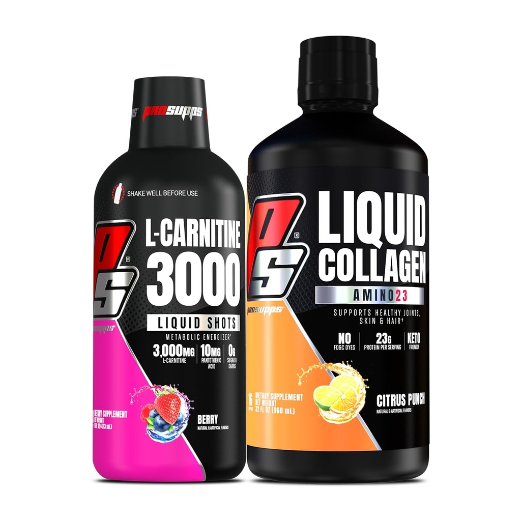PROSUPPS L-karnitiin 3000 Stimulant Free Vedel Shots (Berry) Amino23 Vedel kollageeni Shots (Citrus Punch) Bundle